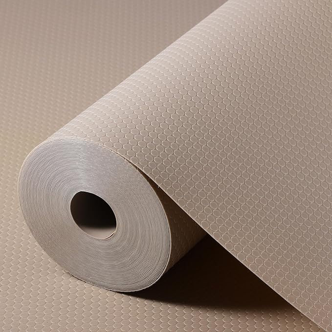 Beige Shelf Liners for Kitchen Cabinets Non Adhesive Drawer Liner for Bathroom Waterproof Refrigerator Liners for Shelves Fridge Plastic Mats Cabinet Cupboard Liner 17.5 x 393.7 Inches