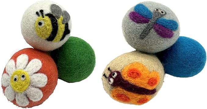 Hustle & Blush Wool Felt Balls 6 Pack Love Ewe Pet Supplies - 2 in Felted Wool Cat Toys Flower & Dragonfly, Butterfly & Bee 100% New Zealand Wools Felt Cat Toys Handmade Wools Felts Balls, Cats Felts