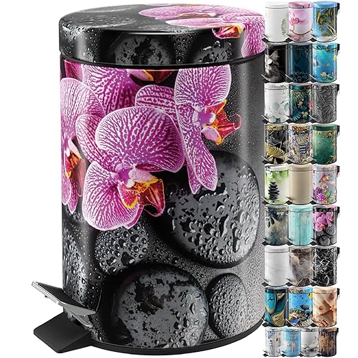 Sanilo Small Bathroom Trash Can with Lid [1.3 Gallon] - Lidded Tiny Trashcan for Garbage - Mini Metal Bin with Soft Closing Mechanism - Bath Room Accessoire Wastebin with Inner Bucket (Madeira)