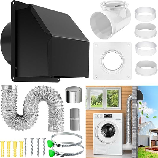 4 inch Dryer Vent Cover, Dryer Vent Connector Kit, 90 Degree Dryer Vent Elbow, Dryer Vent Wall Plate with Hose(4 inch 5FT) Indoor Dryer Vent Duct Adapter, Dryer Vent Hose for Tight Space