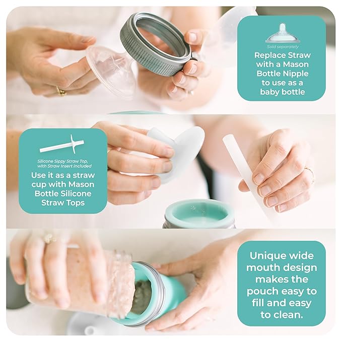 Mason Bottle 8oz Silicone Squeeze Pouch with Straw – Reusable Baby Food and Snack Pouch for Toddlers – Soft Food and Liquid Bottle - BPA & BPS-Free, Non-Toxic, Made in USA (Teal)
