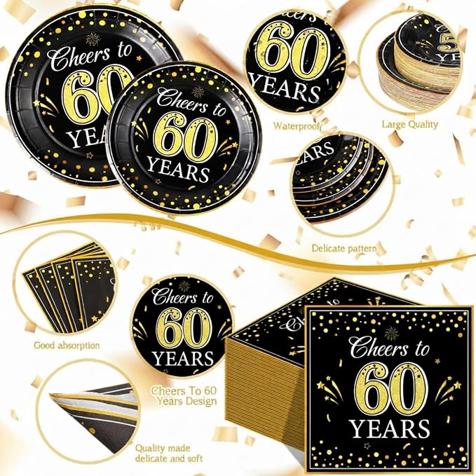 Pickmesh 250 Pcs 60th Birthday Party Supplies Decorations Serve 50 Black Gold Cheers to 60 Years Disposable Paper Plates Napkins and Cups for Women Men 50th Birthday Wedding Anniversary Party Supplies