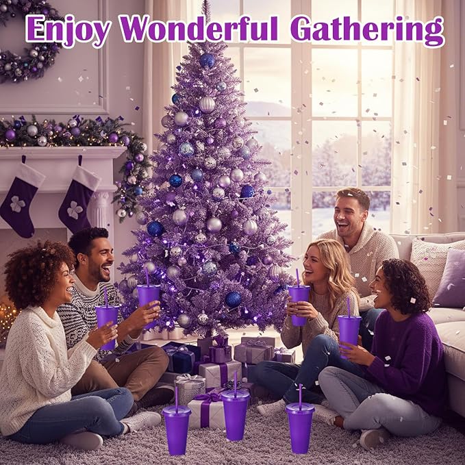 Honeydak 60 Pack Tumbler with Straw and Lid Bulk Cups for Gifts Water Bottle Iced Coffee Travel Mug Cup Reusable Plastic Tumblers for Party Birthdays 24-27 oz (Purple Color)