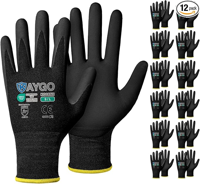 KAYGO Safety Work Gloves MicroFoam Nitrile Coated, 12 Pairs KG18NB,Seamless Knit Nylon Glove with full fingers Touchscreen, Ideal for Automotive,Warehouse,Construction (Large, Black)