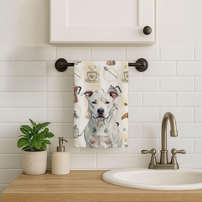 Caroline's Treasures White American Staffordshire Terrier Coffee Bar Kitchen Towel Velour Plush Front and Cotton Loop Back Machine Washable