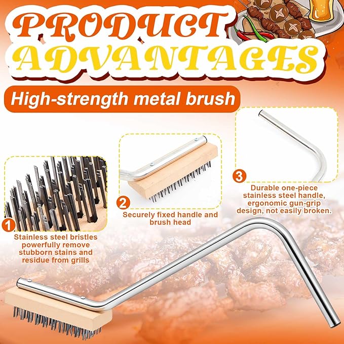 8'' Grill Brush, Commercial Grill Cleaner Brush Heavy Duty Steel Wire Broiler Bristle Brushes for Outdoor, Barbecue Accessories, Durable and Effective