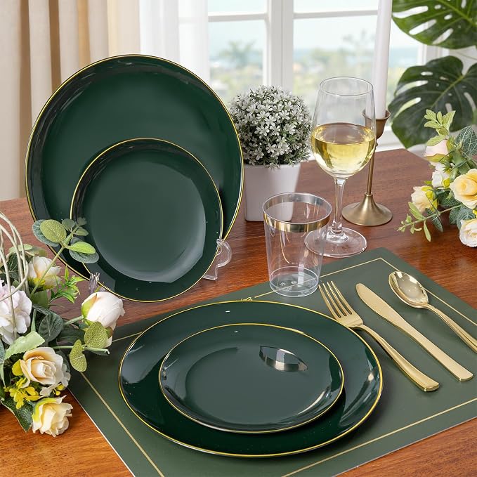 KIRE 175PCS Green Plastic Plates with Gold Rim - Heavy Duty Green Plates Disposable Include 50 Fancy Plastic Plate, 25Pre Rolled Napkins 25 Cups For Party/Wedding/Spring/2026 FIFA World Cup