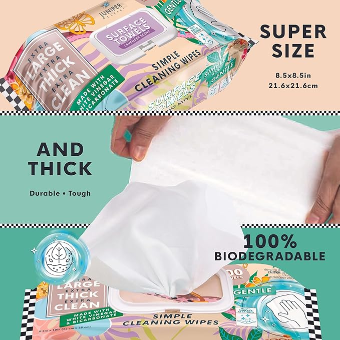 Juniper CLEAN 3 Packs Surface Cleaning Wipes Bleach Free, Thick & Large Dispose, All-Purpose Cleaner for Bathroom, Kitchen, Office, 300 Count Soft Flow, Biodegradable, Lavender Scent