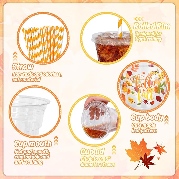 Whaline 50 Pcs 12 Oz Hello Fall Plastic Cups with Lids and Straws Autumn Maple Leaves Cold Beverage Drinking Cup for Harvest Thanksgiving Party Supplies
