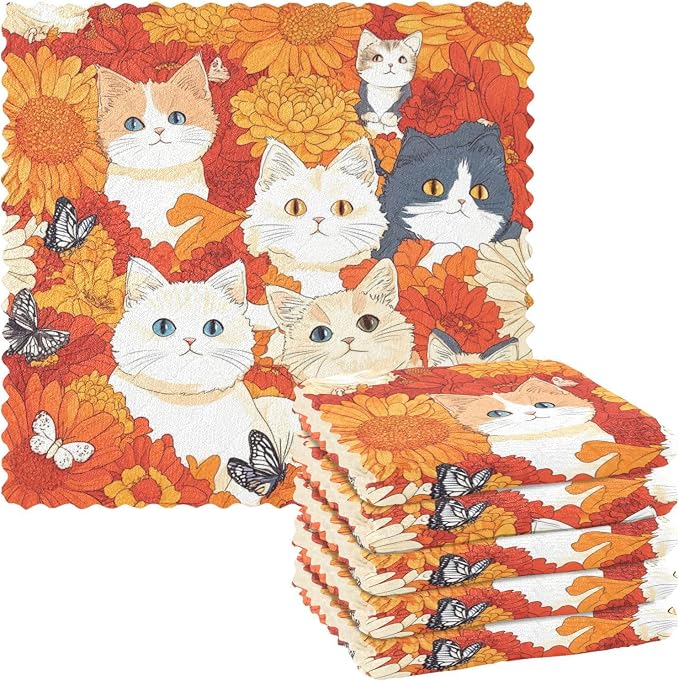 Orange Chrysanthemum Cats Butterflies Kitchen Towels Dish Cloths Set of 6 Microfiber Cleaning Cloths for Cars Super Absorbent Machine