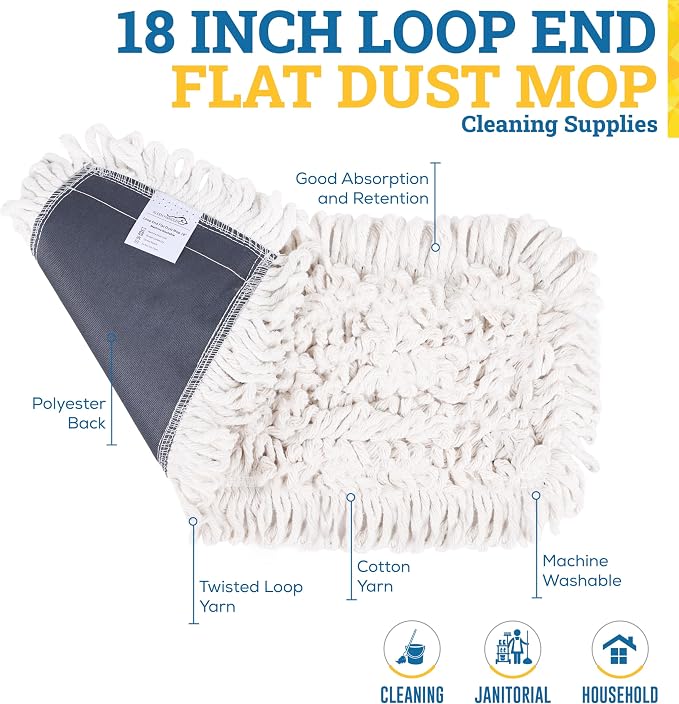 Kleen Handler 18" Commercial Dust Mop Replacement Heads, 3 Pack Industrial Loop End Flat Dust Mop Pads, Washable Cotton Mop Refill for Floor Cleaning, Natural