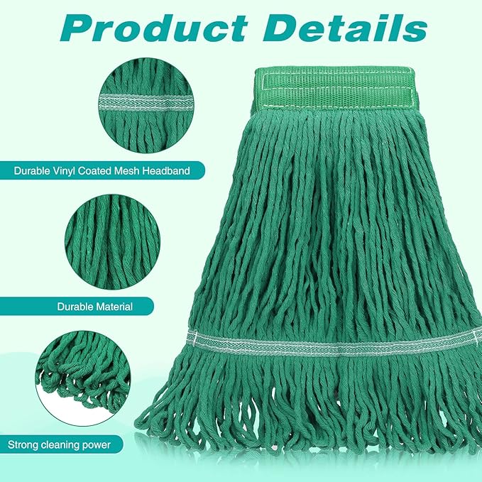 Roshtia 16 Pack Mop Head Replacement Large Heavy Duty Mop Head Commercial Replacement Looped End Cotton String Industrial Washable Mophead Refills for Commercial Industrial Home Cleaning(Green)