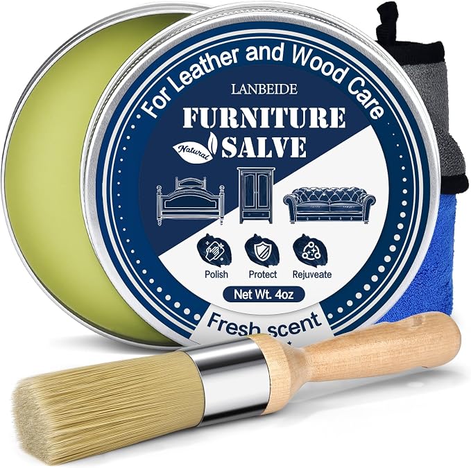 LANBEIDE Furniture Salve with Brush for Leather Wood, Polisher and Conditioner for Leather Couch 2 Packs 4oz+8oz
