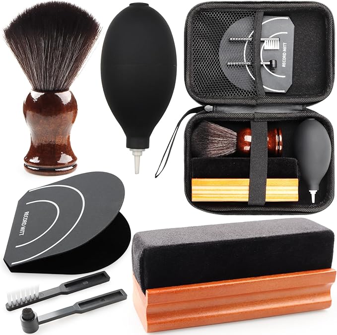 Vinyl Record Cleaning Kit Cleaner Player Cleaning Accessories Album Care Velvet Anti Static Carbon Fiber Stylus Brush Rubber Blower Record Mitts Storage Bag (7-in-1 Vinyl Record Cleaning Kit)