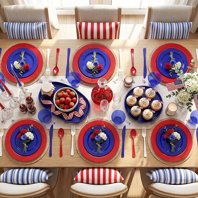 KIRE 150PCS 4th of July Plates & Red White Blue Disposable Plastic Silverware &Clear Blue Cups-American Flag Patriotic Party Supplies for Celebration Activities,Independence Day, Memorial Day