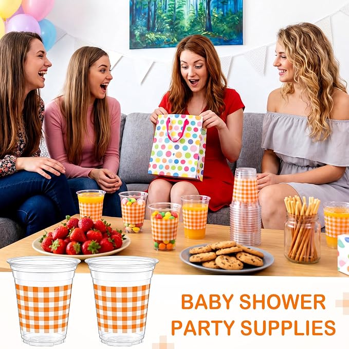 Qinyoung Checkered Plastic Cups 12oz Gingham Party Disposable Cups Bulk Drinking Cup for Cold Drinks Baby Shower Wedding Summer Birthday Party Supplies(Orange and White,50 Pcs)