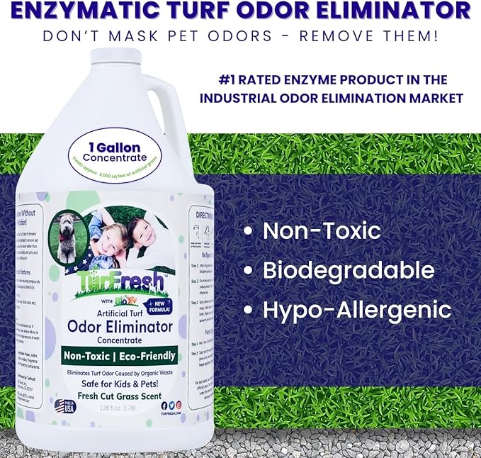 TurFresh BioX Artificial Turf Odor Eliminator – Yard Deodorizer for Dog Urine & Feces – Natural Concentrate Outdoor Cleaner – Safe for Kids & Pets – 1 Gallon Fresh Cut Grass Scent
