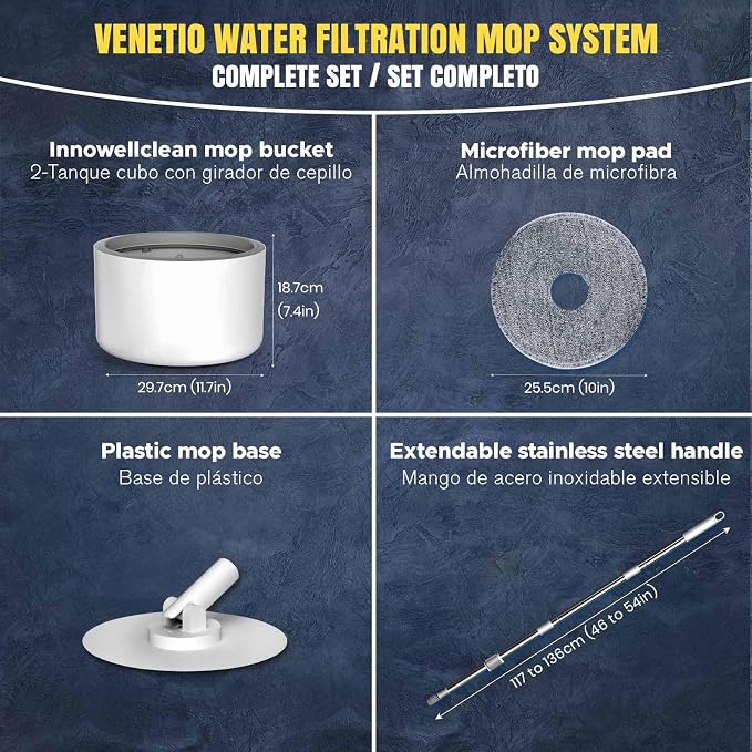 VENETIO Innowellclean Water Filtration Spin Mop and Bucket Set for Floor Cleaning - Self-Wringing, Wet/Dry, Reusable & Washable Microfiber Mop System for Hardwood, Laminate (5 Pads & Triangle Head)