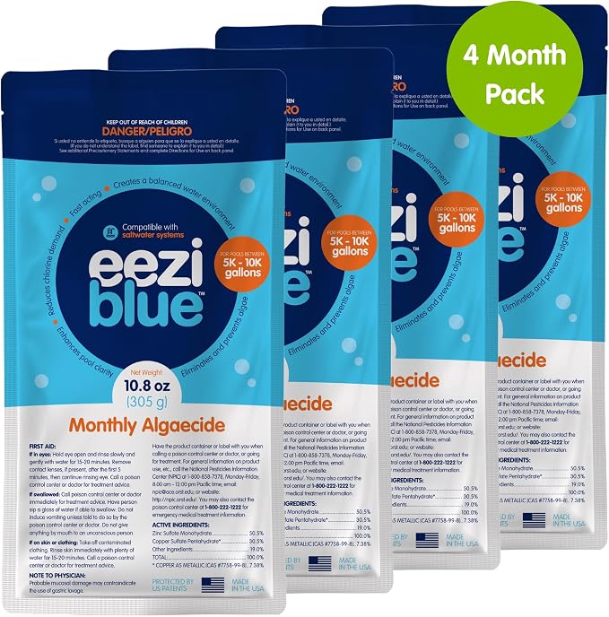 Eeziblue Monthly Pool Algaecide Bundle | Pool Booster for All Algae in Above Ground and In-Ground Swimming Pools, 4 Month Pack (5k - 10k Gallons)