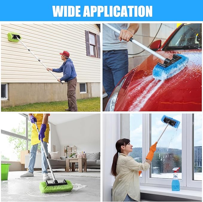 2 Pack 58 Inch Extendable Car Wash Brushes, Soft Bristled Scratch Free Cleaning System with Long Handle, Universal Cleaning Tool Set for Vehicles Home Windows Tires Snow Removal(Green+Blue)