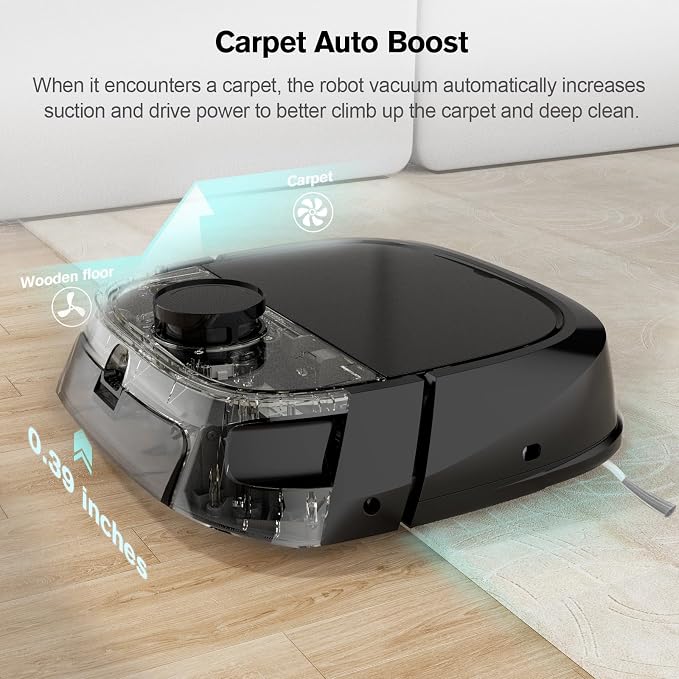TECBOT Robot Vacuum and Mop Combo - Robotic Vacuum Cleaner for Pets Home Mapping LiDAR Navigation, 6000Pa Suction, Smart No-Go Zone, App & Voice Control, Automatic Lifting, M1 Pro Black