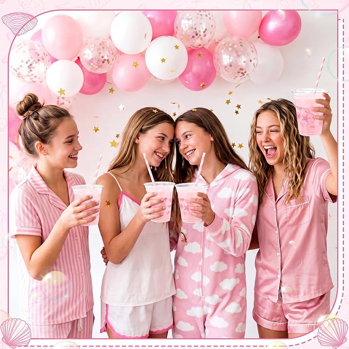 Tanlade 60 Pcs Ocean Party Plastic Cups 12 oz Pink Bow Seashell Starfish Coastal Nautical Sea Theme Disposable Cups for Baby Shower Summer Theme Birthday Wedding Party Supplies Decorations