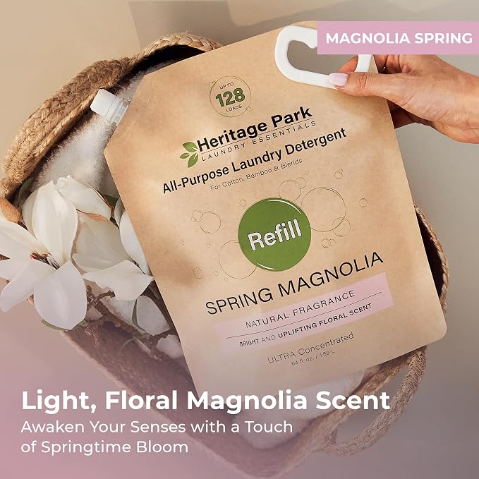 Heritage Park Luxury Laundry Detergent | Dermatologist Tested Plant based Natural & Enzyme Laundry Detergent | Sensitive Skin Friendly - Spring Magnolia (64 fl oz Refill)