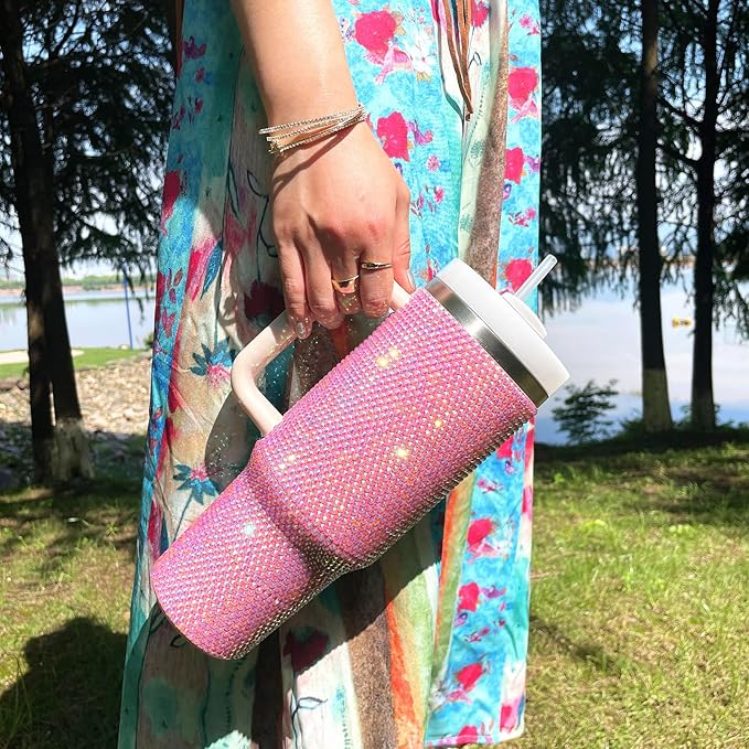 40oz Bling Tumbler with Handle and Straw Lid Rhinestone Studded Tumbler Cups Vacuum Insulated Stainless Steel Double Wall Water Bottle Travel Mug Gifts for Women Her (Light Rose)