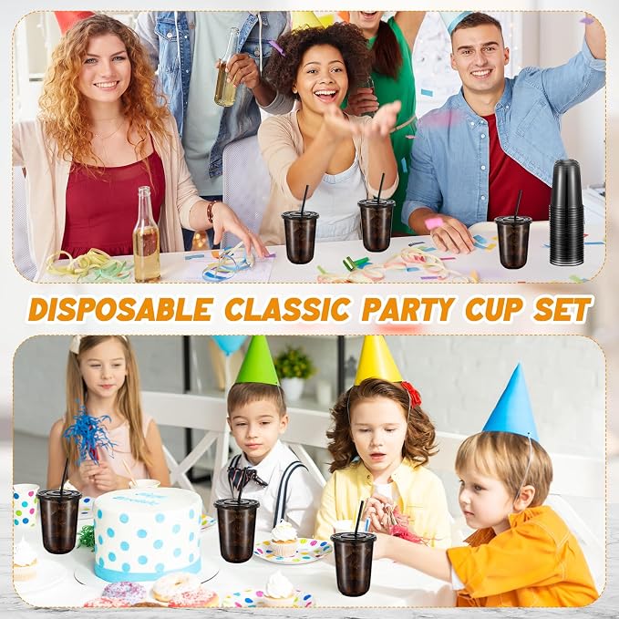 Ziliny 50 Sets Clear Round Bottom Plastic Cups with Lids and Straws, Cute Disposable Drinking Coffee Cups, for Christmas Valentine's Galentine's Day Party Wedding Birthday Supplies (16oz,Black)