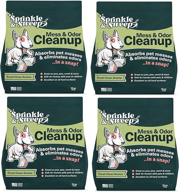 Sprinkle & Sweep: Pet Mess & Odor Cleanup - 4 Pack, 15oz Bags - Dog Accident Clumping Powder, Remove Pee-Poo-Vomit From Hard Surfaces, Ultra-Absorbent