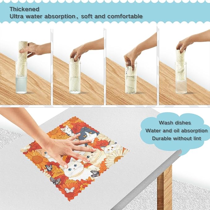 Orange Chrysanthemum Cats Butterflies Kitchen Towels Dish Cloths Set of 6 Microfiber Cleaning Cloths for Cars Super Absorbent Machine