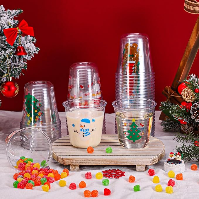 Whaline 60Pcs Christmas Plastic Cups 12 Oz Winter Snowman Gingerbread Man Santa Xmas tree Disposable Clear Stemless Wine Cocktail Glasses PET Drinkware Cups Set for Holiday Party Supplies