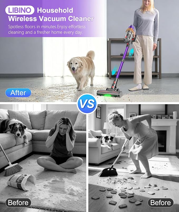 Cordless Vacuum Cleaner, 650W 55KPA 70Mins Anti-Tangle Wireless Vacuum,Rechargeable Vacuum with Green Light,Powerful Stick Vacuum for Home Carpet/Hardwood Floors,Purple