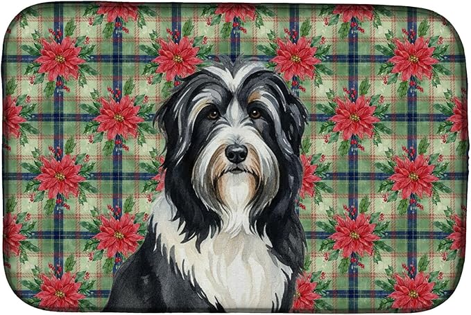 Caroline's Treasures Black Bearded Collie Christmas PoinsettIas Dish Drying Mat Absorbent Dish Drying Mat Pad for Kitchen Counter Dish Drainer Mat for Countertop, 14 x 21", Multicolor
