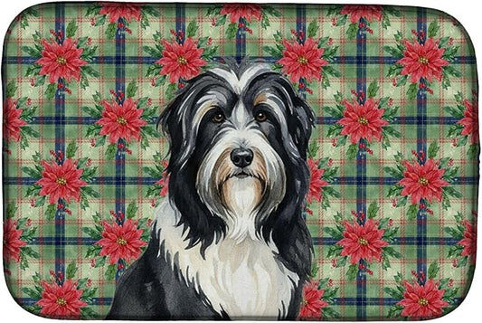 Caroline's Treasures Black Bearded Collie Christmas PoinsettIas Dish Drying Mat Absorbent Dish Drying Mat Pad for Kitchen Counter Dish Drainer Mat for Countertop, 14 x 21", Multicolor