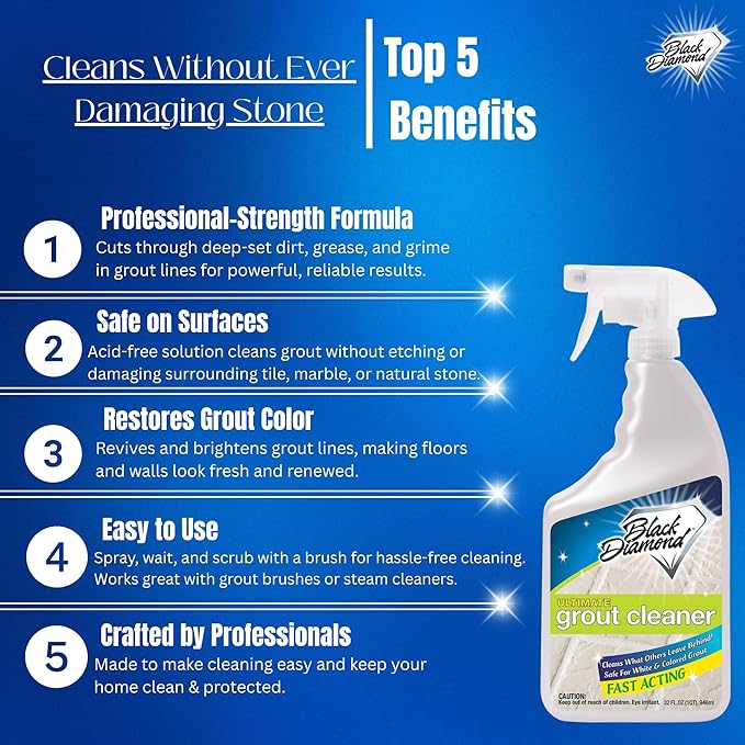 Ultimate Grout Cleaner for Tile Floors — Acid-Free Deep Cleaner Removes Grease, Dirt & Soap Scum Without Damaging Grout — Safe for Marble and All Natural Stone (1-Qt/1-G/ W/brush)