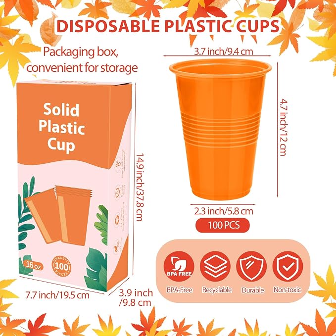 Kochorie 100 Pack Disposable Plastic Cups 16 Oz Solid Color Drinking Cups Party Supplies Strong and Sturdy Drinkware Cup For Birthday, Wedding, Thanksgiving, Fall & Daily Use, Orange