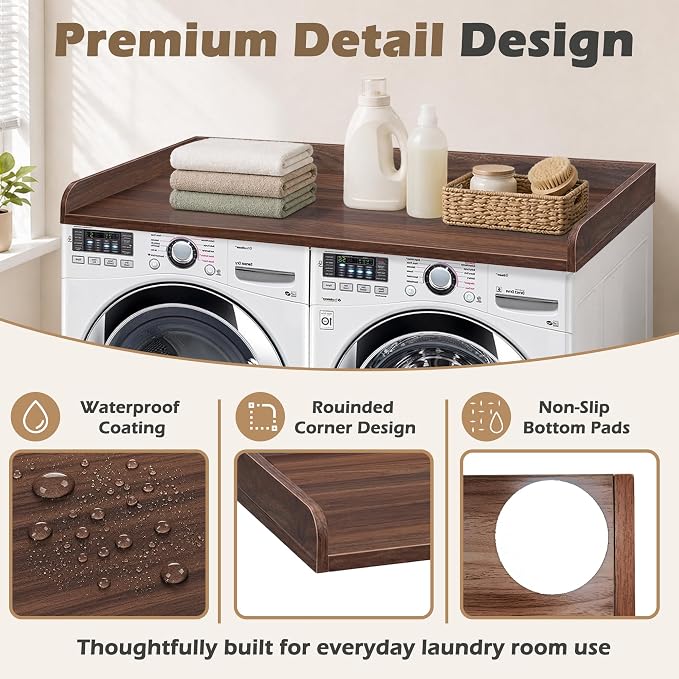 Royxen Washer Dryer Countertop with Solid Wood Core,54“W x 27.5D Laundry Countertop with Edge Rails,Washer and Dryer Topper for Laundry Room Organization(Walnut)