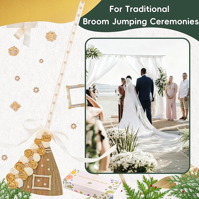 Jumping the Broom - 40 Inch Handmade Wedding Broom with Natural Broom Corn, Velvet Roses & Crystals, DIY Kit for African American Wedding Ceremony (White & Gold, Gift Box Included)