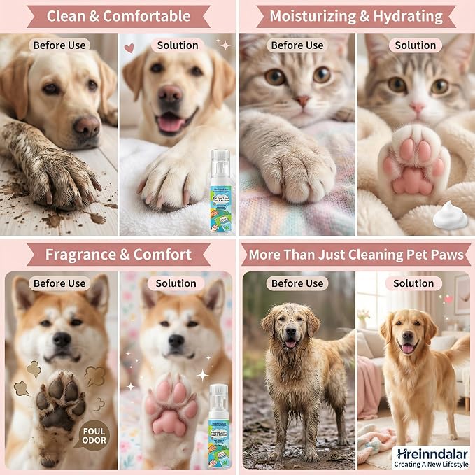 2-in-1 Dog Paw Cleaner Foam with Scrubber Brush | Waterless No Rinse Foaming Washer for Mud, Dirt & Stain Removal | Deodorizing and Moisturizing Pet Care Formula | Gentle for Dogs & Cats