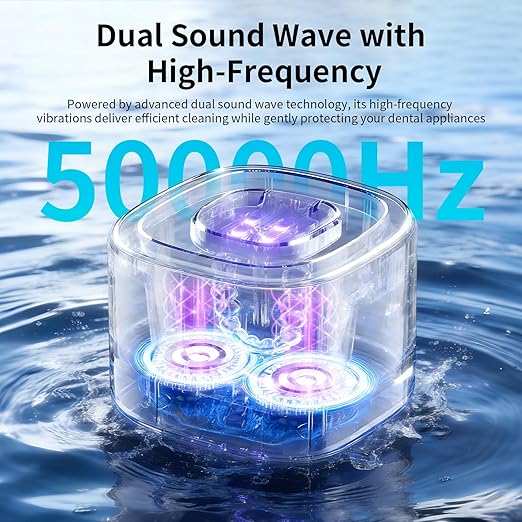 Ultrasonic Retainer Cleaner Machine, 50kHz Dental Cleaning Pod with 4 LED for Night Guards, Braces, Aligners, Toothbrushes, Mouth Guards, Jewelry, 340ml Rechargeable Ultrasonic Denture Cleaner