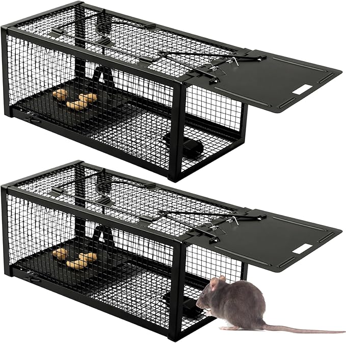 Qualirey 2 Pcs Live Rat Trap Humane Mouse Trap Mice Rat Cage Work for Small Animal Indoor and Outdoor Mouse Voles Hamsters Catch and Release(Black)