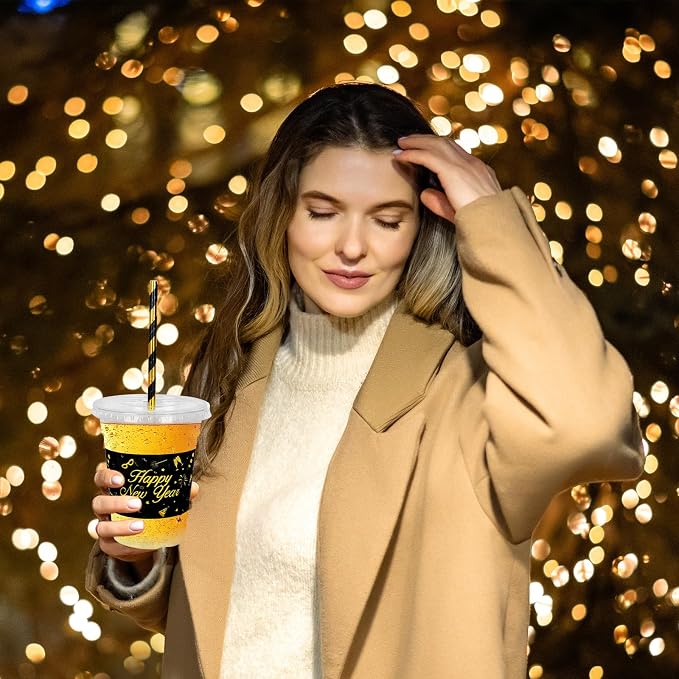 JarThenaAMCS 50Pcs New Year Plastic Cups With Lids And Straws 12oz Disposable Party Cups Black Gold Cold Beverage Drinking Cups for Chinese Spring Festival Party Supplies