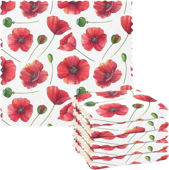 CaTaKu Red Poppy Cute Kitchen Dish Cloths for Washing Dishes Reusable Cleaning Cloth Dish Towels Microfiber Washcloths Dish Rags for Kitchen,6 Pack