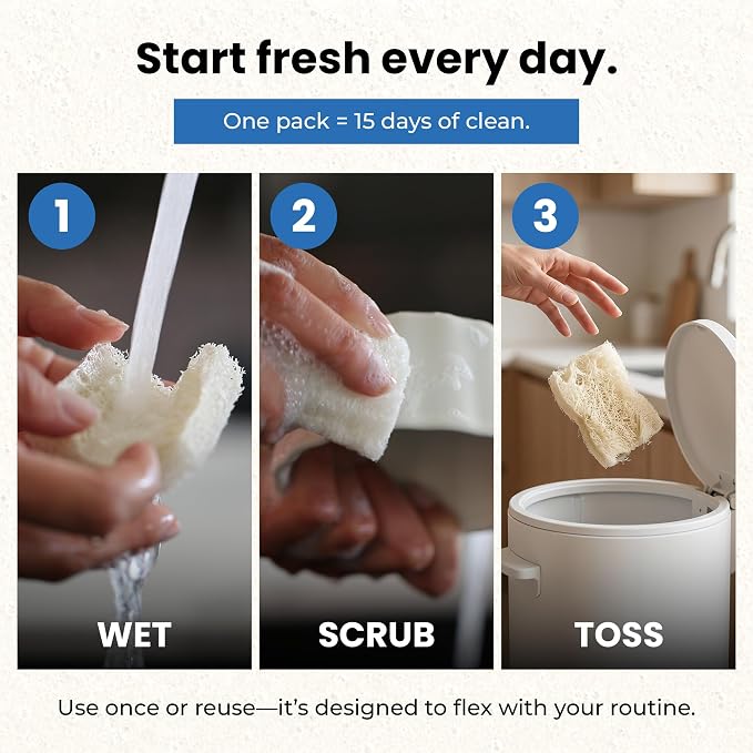 Scrub & Throw XL Loofah Scrub Sponge, Natural, Plastic-Free, Non-Scratch, for Kitchen, Dishes, Pots and Cleaning, Plant-Based, Plastic-Free, Eco-Friendly, Biodegradable, 15 Pack