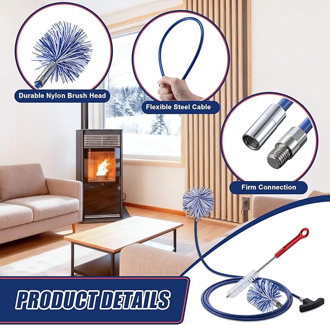 Dreyoo Pellet Stove Cleaning Brush Kit, 10 FT Flexible Steel Rod with 3" & 4" Brush Head, T Handle, Multi Purpose Flue Detail Cleaner, Nylon Stove Flue Pipe Kit for Pellet Furnace Exhaust Pipes