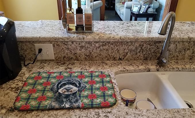 Caroline's Treasures Miniature Black Poodle Christmas PoinsettIas Dish Drying Mat Absorbent Dish Drying Mat Pad for Kitchen Counter Dish Drainer Mat for Countertop, 14 x 21", Multicolor