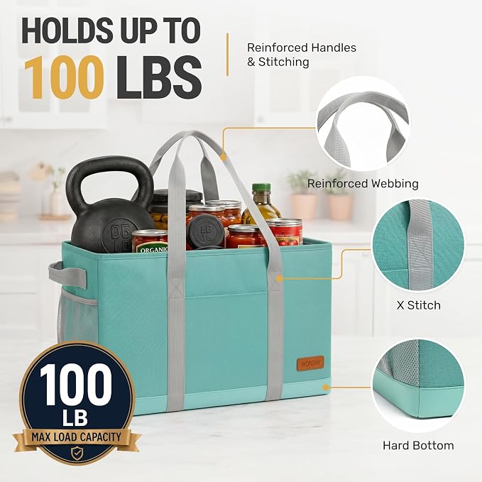 WONDAY Extra Large Utility Tote Bag - Standing Reusable Grocery Bag with Handle, Collapsible Storage for Shopping, Beach