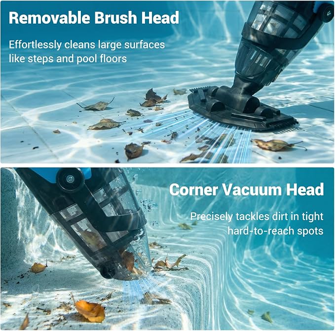 Handheld Pool Vacuum for Above Ground Pool, 4-Section Detachable Pole, 18 GPM Powerful Suction, 60 mins Runtime, 120μm Fine Filter, Cordless Pool Cleaner for Leaves, Sand and Debris, Blue