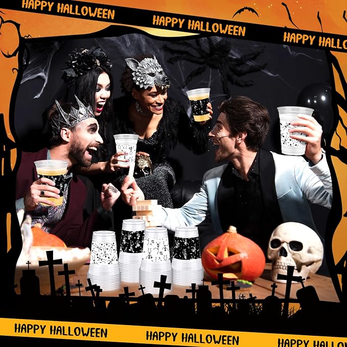 Bokon 100 Pcs Skeleton Halloween 12 oz Plastic Cups Disposable Cocktail Glasses Happy Halloween Cute Disposable Cups for Coffee Juice Hot Cold Drinks Party Supplies (Black and White, Skeleton)